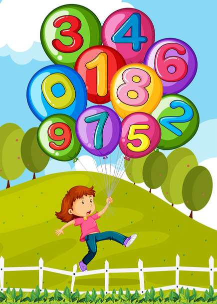Balloons with numbers and little girl in park - Vector, Image