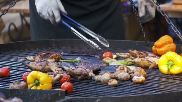 Preparing Meat and Vegetables on the Grill. Slow Motion - Felvétel, videó
