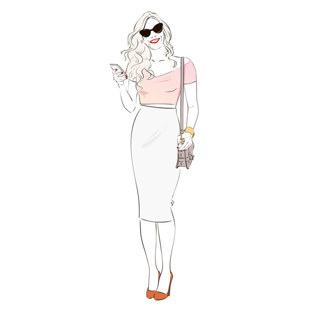 Beautiful young blonde women in a fashion retro pencil skirt clothes with bag on high heels. Vector hand drawn illustration. - Vector, Image