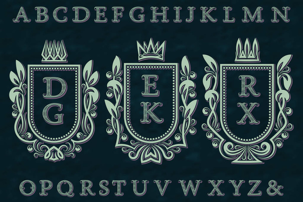 Vintage initial logos kit. Coat of arms frames, wavy stripe patterned letters, isolated alphabet. - Vektor, Bild