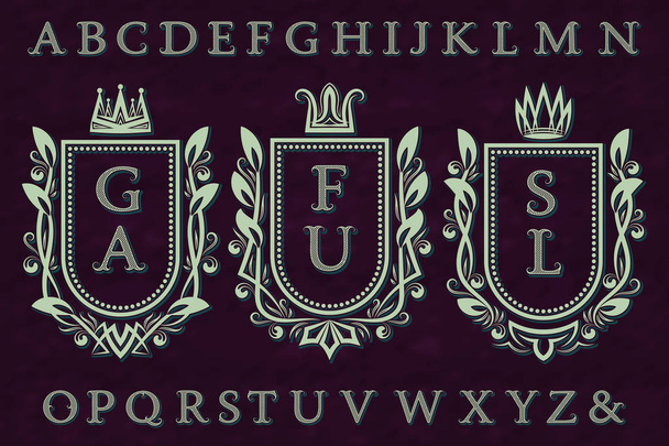 Vintage initial logos kit. Coat of arms frames, patterned letters, isolated alphabet. - Vektor, Bild