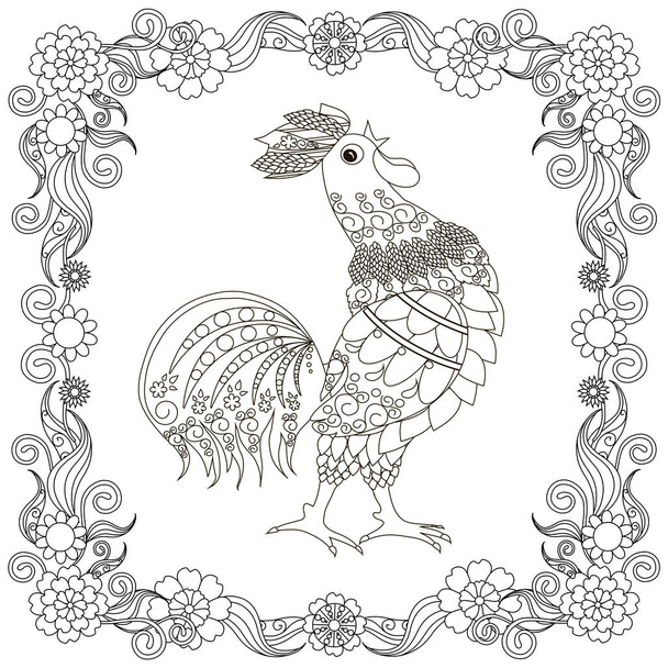Monochrome doodle hand drawn stylized rooster in flowers frame. Anti stress stock vector illustration - Vetor, Imagem
