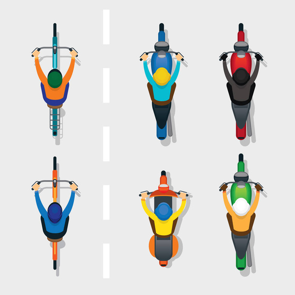 Mensen op motorfietsen en fietsen Top of boven weergave - Vector, afbeelding