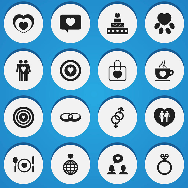 Készlet 16 szerkeszthető szív ikonok. Evőeszközök, kézitáska, szeretet üzenetet szimbólumokat tartalmaz. Lehet használni a Web, mobil, Ui és Infographic Design. - Vektor, kép