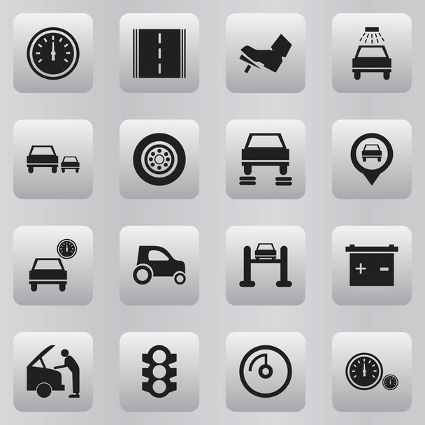 Conjunto de 16 Ícones de carro editável. Inclui símbolos como odômetro, automóvel, exibição de velocidade e muito mais. Pode ser usado para Web, Mobile, UI e design infográfico
. - Vetor, Imagem