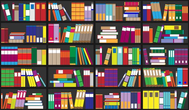 Kirjahyllyn tausta. Hyllyt täynnä värikkäitä kirjoja. Kotikirjasto, jossa on kirjoja. Vektori lähikuva kuva. Sarjakuva suunnittelu tyyli
. - Vektori, kuva