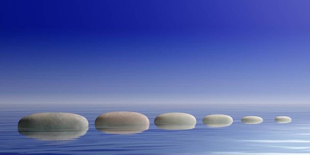 Дзен камни на синем фоне воды. 3d иллюстрация
 - Фото, изображение