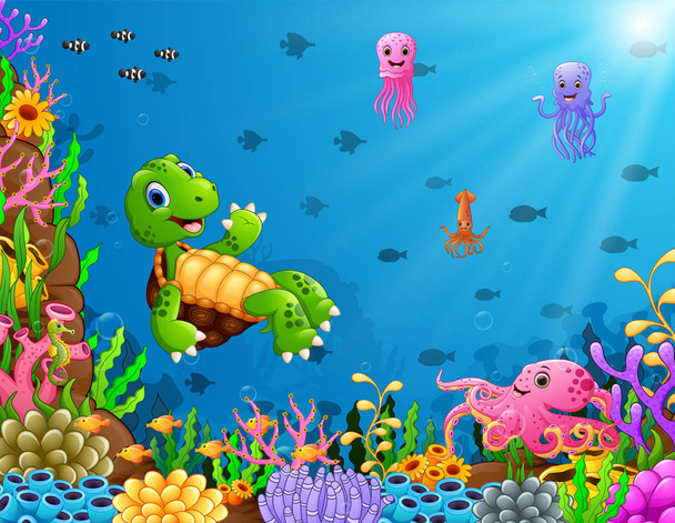 Cartoon turtle and octopus underwater - Vector, Image