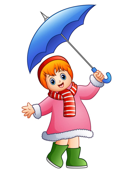 傘の下で幸せな女の子 - ベクター画像