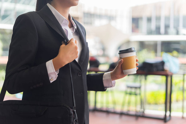 modern businesswoman with coffee-to-go outdoor, business concept - Zdjęcie, obraz