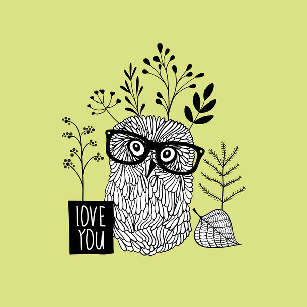 Herbal print with owl in glasses. - Διάνυσμα, εικόνα