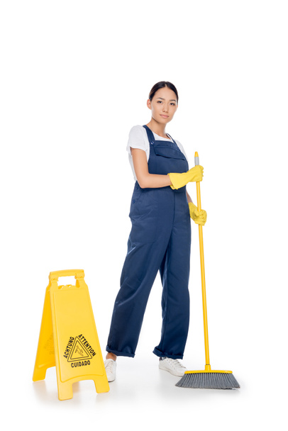 asian cleaner with broom - Foto, Imagem