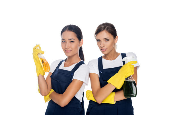 multicultural cleaners with detergents - Fotoğraf, Görsel