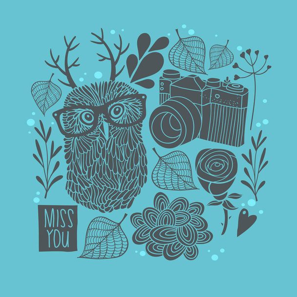 Owl in eyeglasses with horns - Вектор, зображення