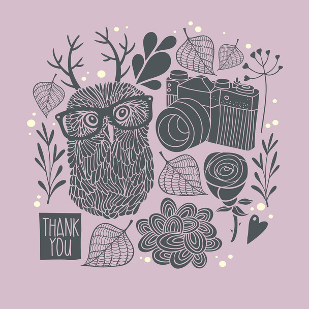 Owl in eyeglasses with horns. - Вектор, зображення