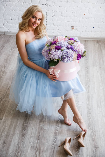 woman  with hydrangea bouquet flowers - Photo, Image