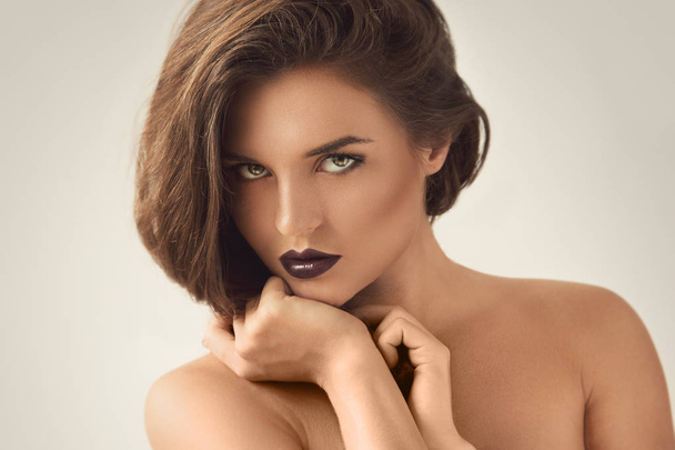 Beautiful woman with dark lipstick  - Fotoğraf, Görsel
