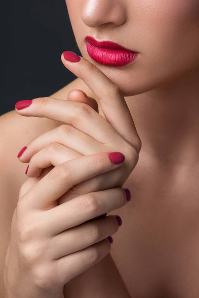 Female lips and hands - 写真・画像
