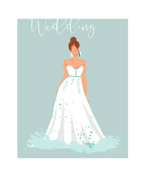 Ručně kreslený vektor abstraktní svatební nevěsta v bílých šatech ilustrace izolované na modrém pozadí. - Vektor, obrázek