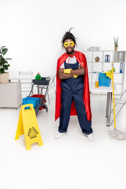 african american cleaner in superhero costume - Photo, Image