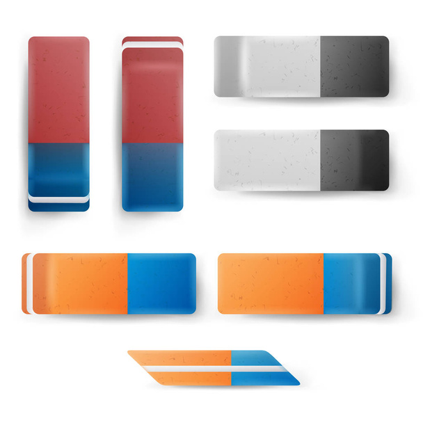 Realistico Eraser Set Vector. Icona classica blu arancio, grigio bianco in gomma. Illustrazione isolata
 - Vettoriali, immagini