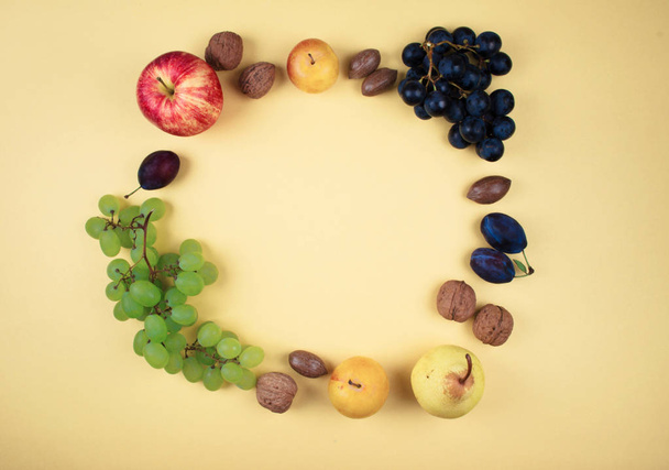 Autumn fruits and nuts on yellow background. - Foto, Bild