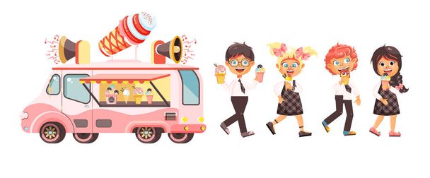 Векторні ілюстрації ізольовані персонажі діти, школярі, школярки їдять морозиво, автомобіль холодильник, продаж вантажівок виробництва ванілі, шоколаду, папуг солодких страв у плоскому стилі
 - Вектор, зображення