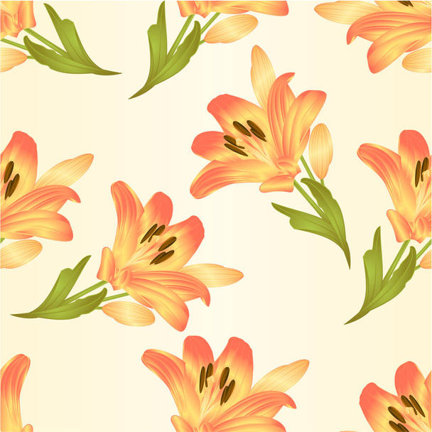 Seamless texture yellow lily  flower with leaves and buds vintage  vector illustration editable - ベクター画像