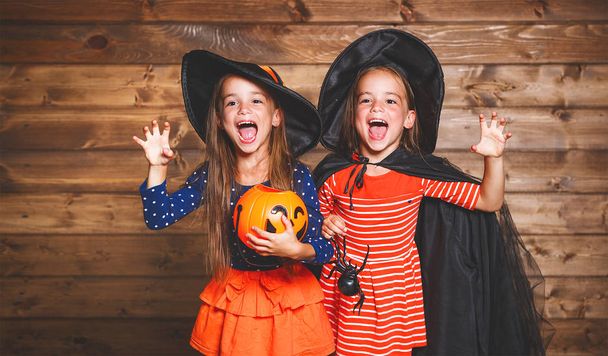 funny children sister twins girl in witch costume in halloween - Foto, imagen