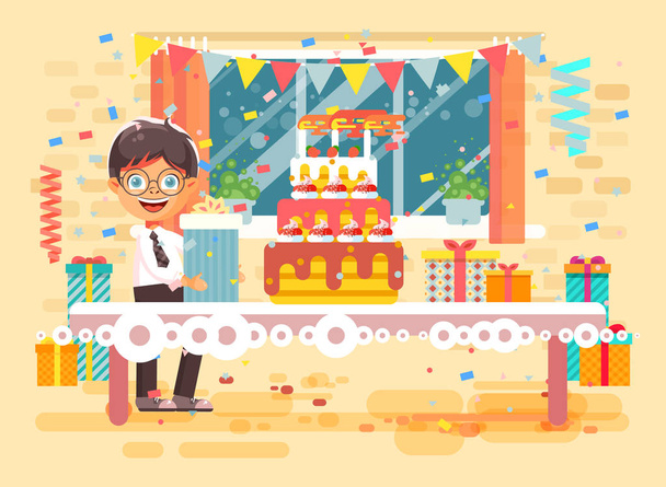 Vektori kuva sarjakuvahahmo lapsi yksinäinen brunette poika juhlia onnellista syntymäpäivää, onnitella antaa lahja, valtava juhlava kakku kynttilöitä ja konfetti tasainen tyyli taustalla ikkunan
 - Vektori, kuva