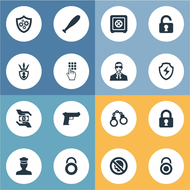 Vector illustratie Set van eenvoudige veilige iconen. Elementen Stick, invoeren van wachtwoord Locker en andere synoniemen Officer, Lock en bescherming. - Vector, afbeelding