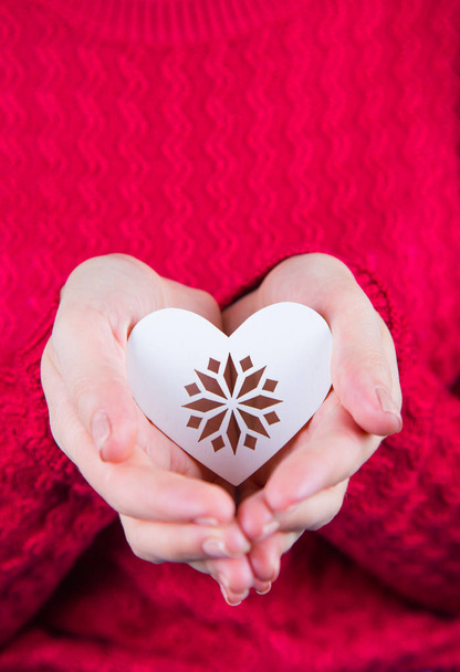 Jovens mãos femininas segurando coração de madeira branco no fundo de r
 - Foto, Imagem