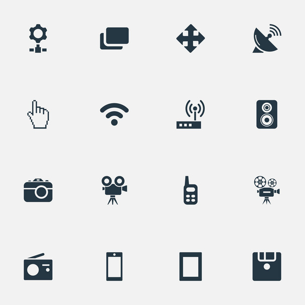 Vector Illustration Set Of Simple Device Icons. Elements Diskette, Smartphone, Tuner And Other Synonyms Photographer, Photo And Arrow. - Vektor, Bild