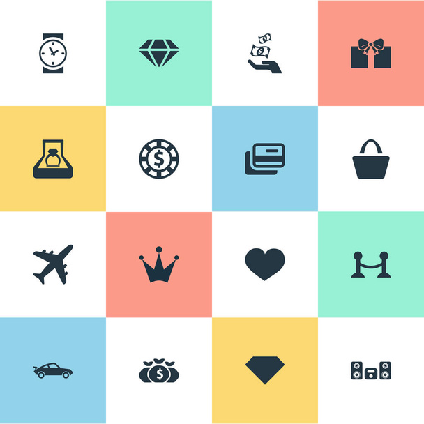 Vektoros illusztráció csoportja ikonok egyszerű pénzt. Óra elemek, táska, Chip és egyéb szinonimák autó, pénz és lélek. - Vektor, kép