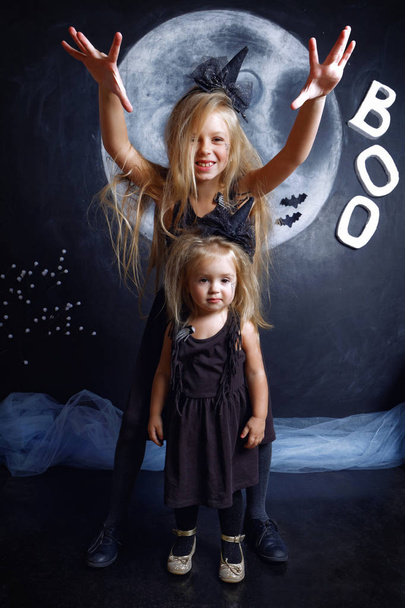 Two cute little sisters are dressed in witch costumes - 写真・画像