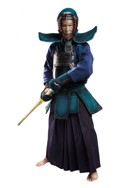male in tradition kendo armor with shinai (bamboo sword). - Fotó, kép