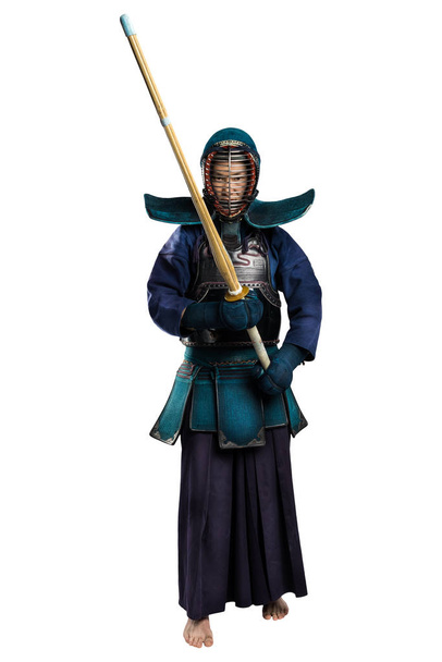 αρσενικό στην παράδοση kendo πανοπλία με shinai (ξίφος μπαμπού). - Φωτογραφία, εικόνα
