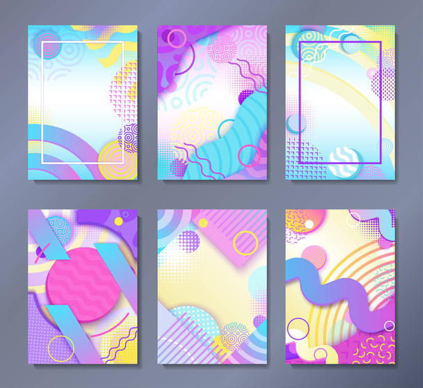 Abstract posters set in trendy 80s-90s memphis style with patterns, frames and geometric shapes, colorful background with text place, vector illustration - Vecteur, image