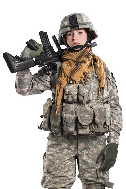 Female US Army soldier with rifle. - Фото, изображение