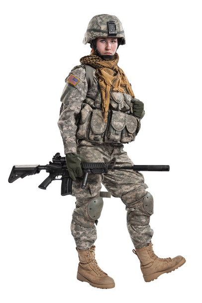 Yhdysvaltain armeijan naissotilas kiväärillä
. - Valokuva, kuva