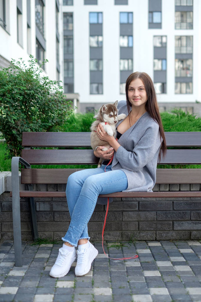 Beautiful young woman sitting on wooden bench and enjoy with her cute little husky puppy - Foto, immagini