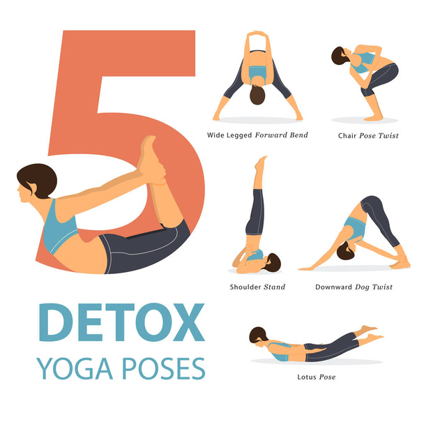 Una serie di posture yoga figure femminili per infografica 5 pose yoga per una buona salute nel design piatto. Vettore
. - Vettoriali, immagini