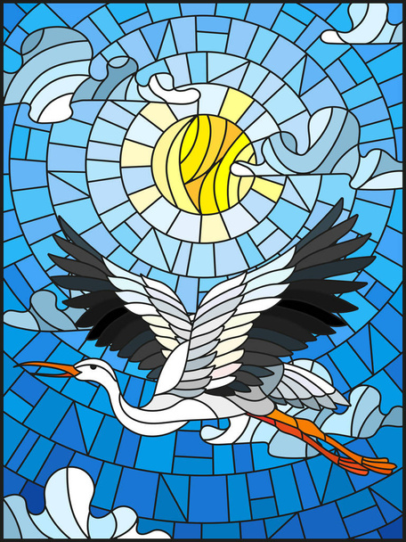Illustratie in gebrandschilderd glas stijl ooievaar op de achtergrond van de hemel, zon en wolken - Vector, afbeelding
