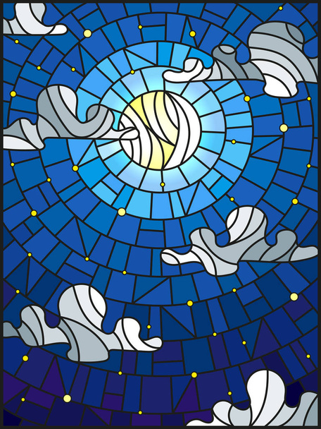 Иллюстрация в витражном стиле с луной против звездного неба и облаков
 - Вектор,изображение