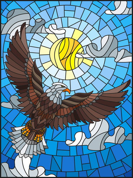 Иллюстрация в витражном стиле орла на фоне неба, солнца и облаков
 - Вектор,изображение