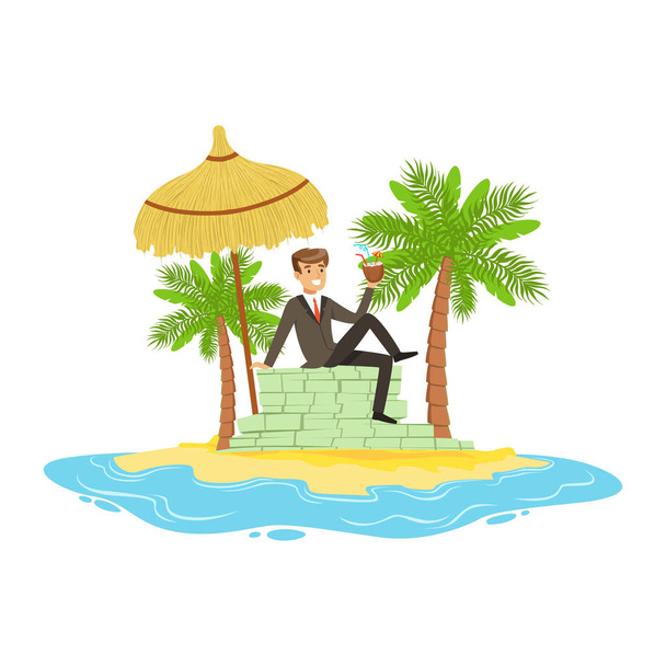 Człowiek w firmie garnitur, relaksując się na wielki stos pieniędzy na tropikalnej wyspie, ukryte w morzu bogactwo zasobów wektor ilustracja - Wektor, obraz