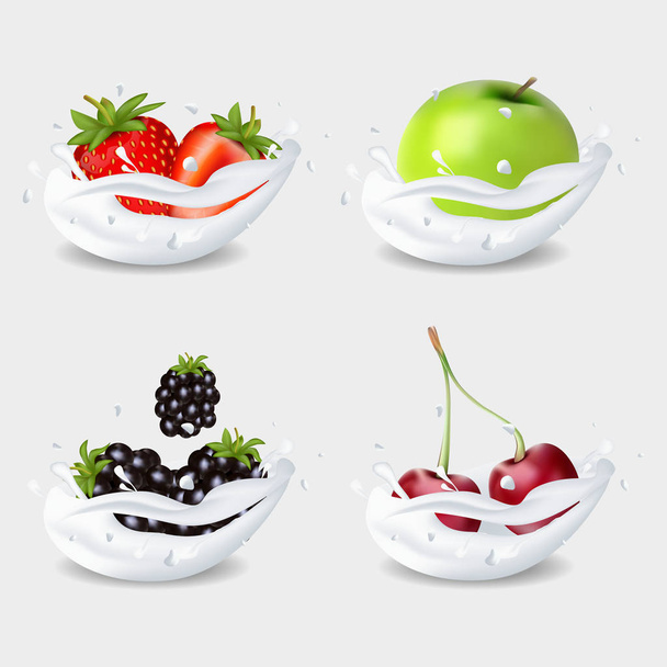 A set of fruits in milk. An Apple. Strawberry. Blackberry and Cherry. - Vector, Image