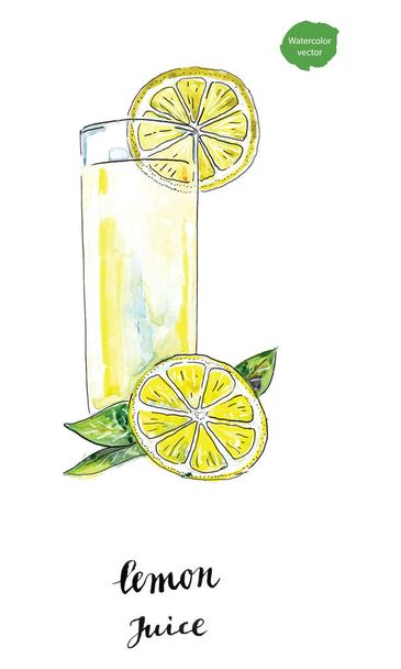 夏レモンの葉とレモン ジュースの水彩ガラス - ベクター画像