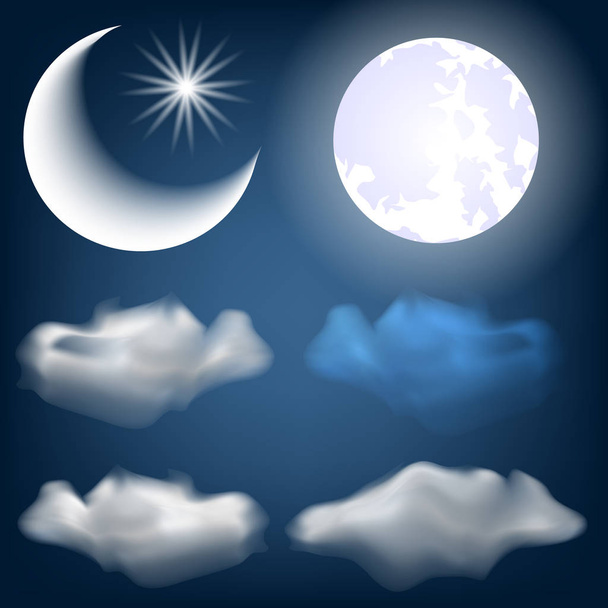 Éjszakai rajzfilm sor. Felhők, a Hold, a hónap és a csillagok. Elszigetelt sötét kék háttérrel. - Vektor, kép