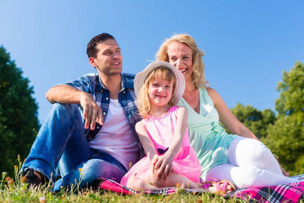 Photo de famille avec père, mère et fille dans la prairie
 - Photo, image